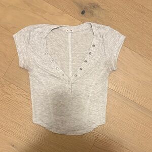 Garage Light Gray Short Sleeve Top with Button Accents